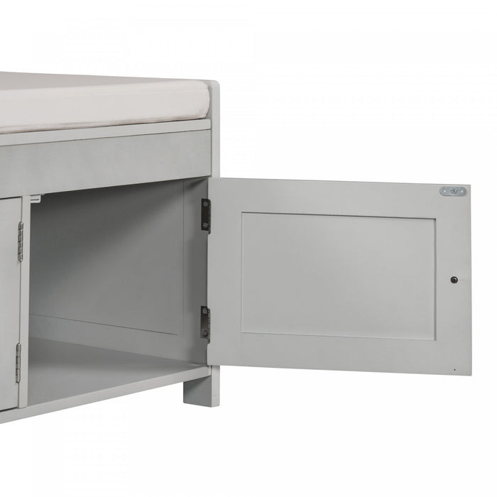 Banc De Rangement Olivia En Pin Avec Meuble A Chaussures 3 Portes Et Compartiment Cache, Gris Patine