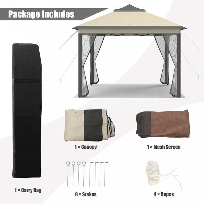 Costway 11’x11’ 2-tier Tente Pop-up Gazebo Abri A Canopy Portatif Sac De Transport Maille Brun