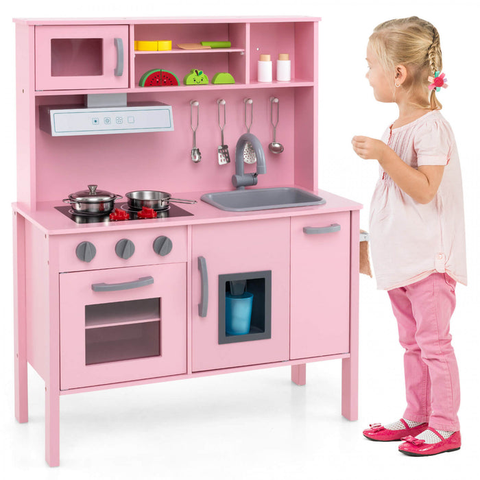 Costway Kids Kitchen Playset En Bois Pretendre Jouer Chef Jouet Avec Micro-ondes Et Accessoires Rose