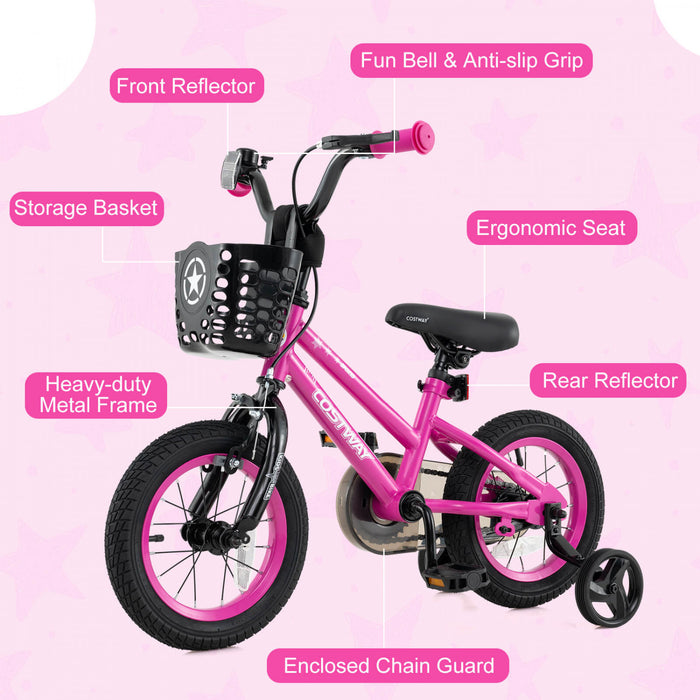 Costway 14\" Velo Pour Enfants Avec Roues D'entrainement Guidon Reglable Et Frein A Main De Siege Rose