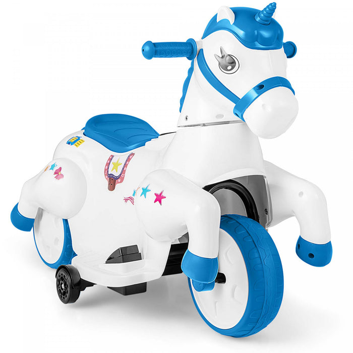 Costway 12v Enfants Monter Sur Jouet Unicorne Avec Roues D'entrainement Musique Un Bouton Demarrer Cheval Jouet Bleu