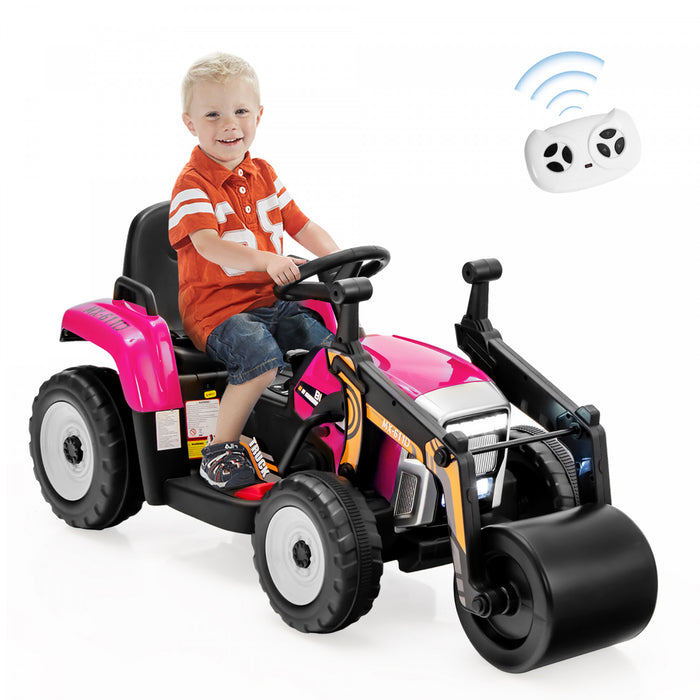Costway Enfants Rouler Sur Route Rouleau 12v Tracteur Electrique A Distance W / Musique & Led Rose Clair