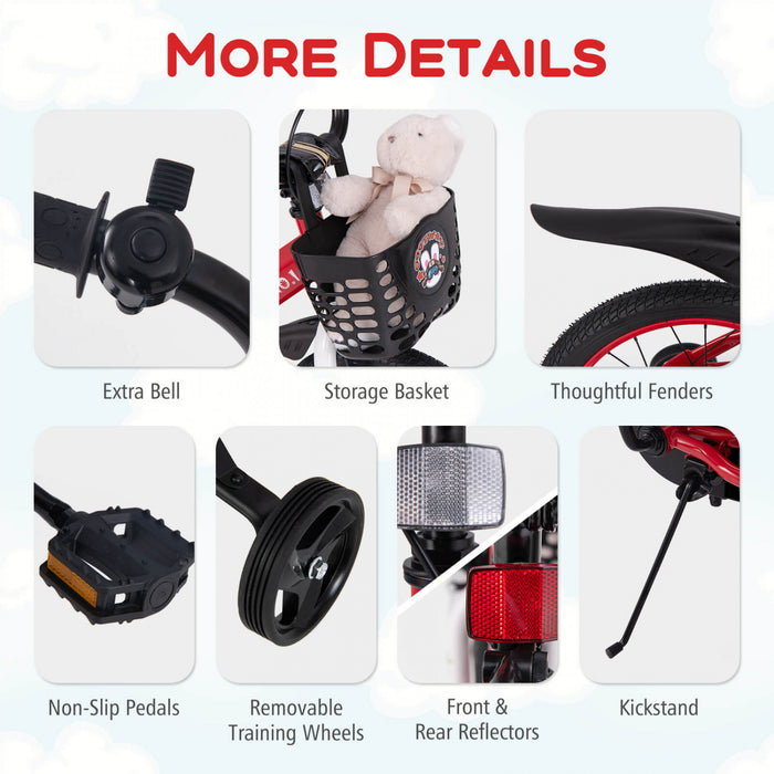 Costway 18\" Velo Pour Enfants Pour 4-8 Avec Guidon Reglable En Hauteur Et Frein A Main En Selle Rouge