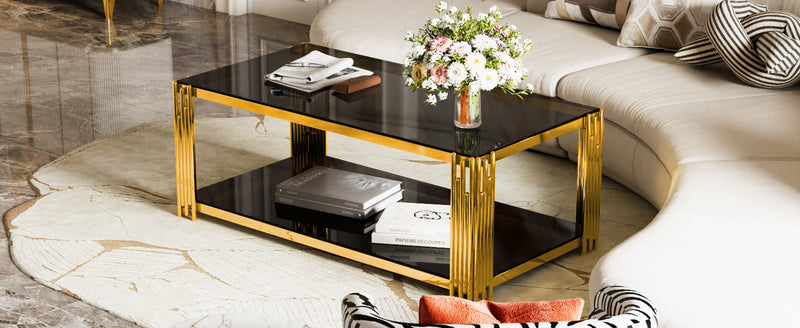 Aria Table Basse Rectangulaire Moderne 47.5 po avec Cadre Asymetrique Dore et Plateau Miroir, Noir
