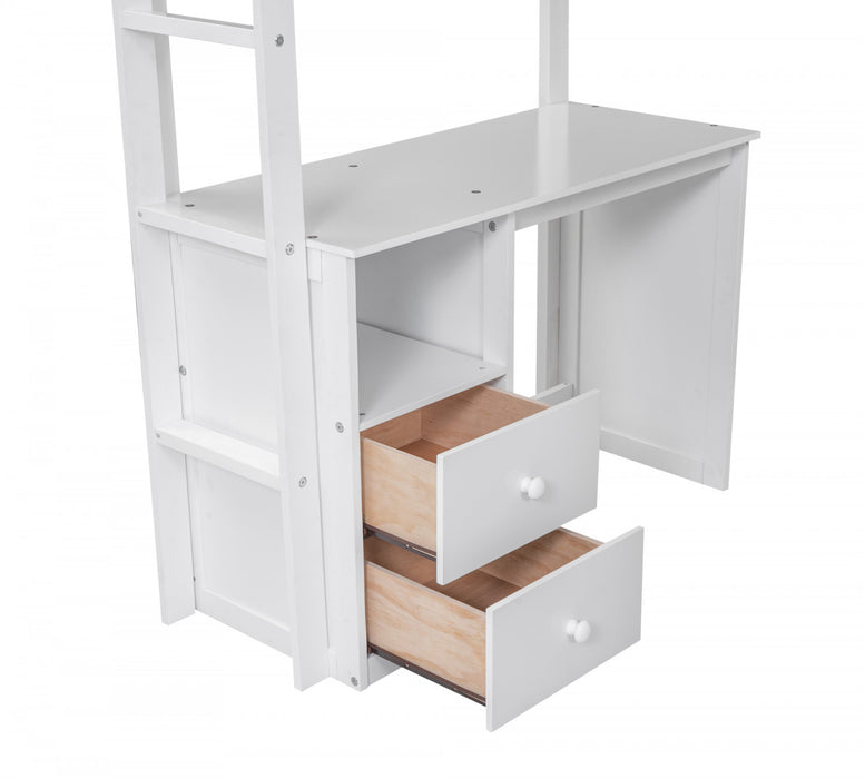 Lit Mezzanine En Bois Massif Jeffrey Avec Armoire, Bureau Et Tiroirs, Blanc