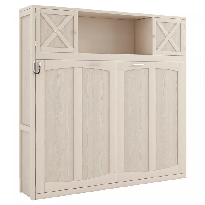 Lit escamotable Ethan en bois massif avec armoires de rangement, taille full, beige