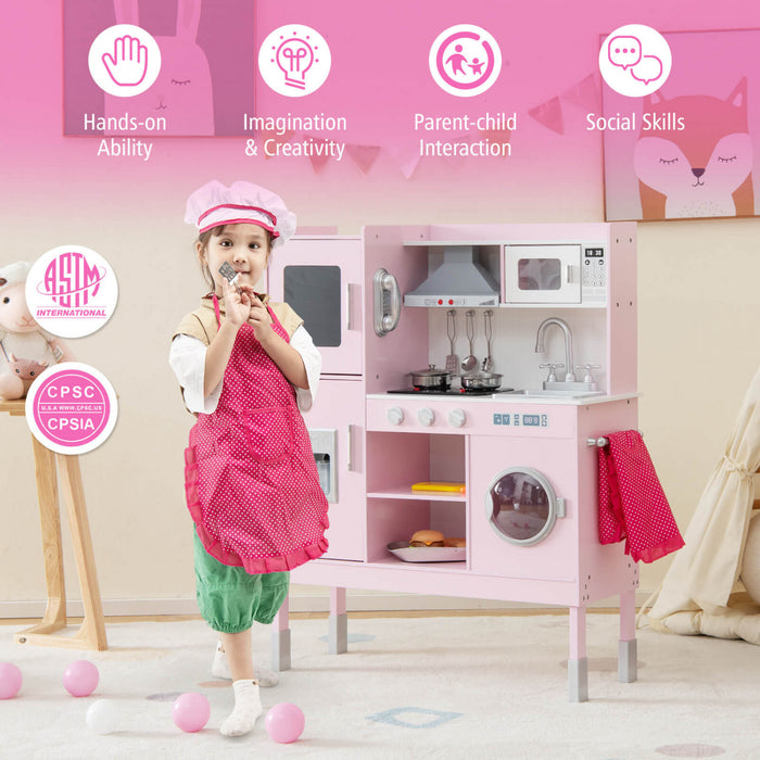Jeu De Cuisine Pour Enfants, Jouet De Cuisine Avec Hotte, Machine A Glacons Et Telephone, 16 Accessoires, Sons Et Lumieres, Cuisine En Bois, Cadeau Pour 3 Ans Et Plus, Rose