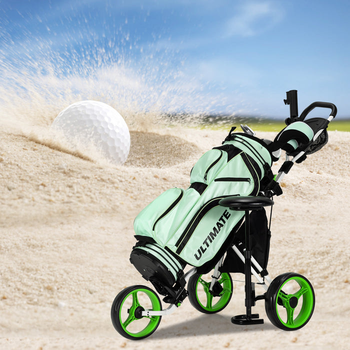 Goplus Pliant 3 Roues Golf Push Cart W/seat Tableau De Bord Poignee Reglable Vert