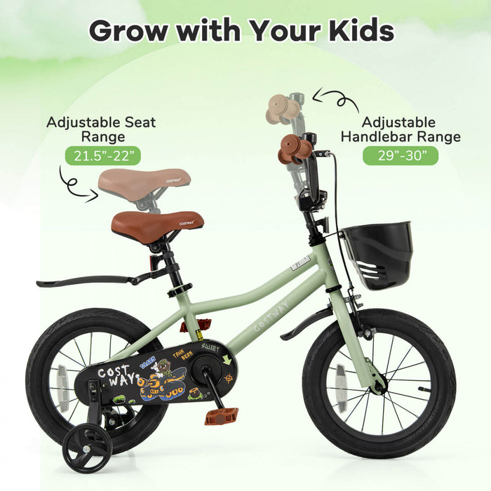 Costway 14\" Velo Pour Enfants Avec Roues D'entrainement Guidon Reglable Et Frein A Main Du Siege Vert