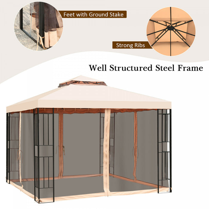 Gazebo Metal 10x10ft Avec Moustiquaires Canopy Gazebo 2 Niveaux Ventile Gazebo Top