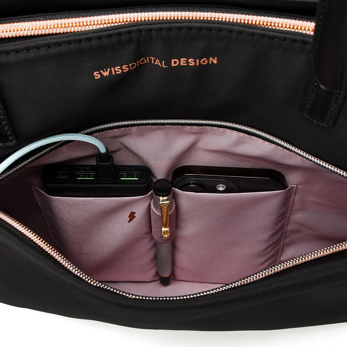 Sac a main Swissdigital KATY Rose – 16\" ordinateur portable, chargement USB, lumiere LED, protection RFID, resistant a l'eau, multi-poches