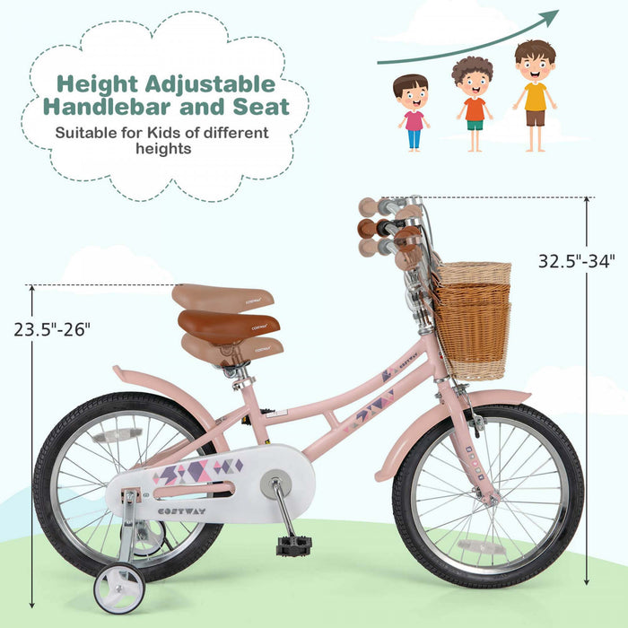 Costway 18\" Velo Enfants Avec Guidon Reglable En Hauteur Siege Panier Cloche Roues D'entrainement Rose