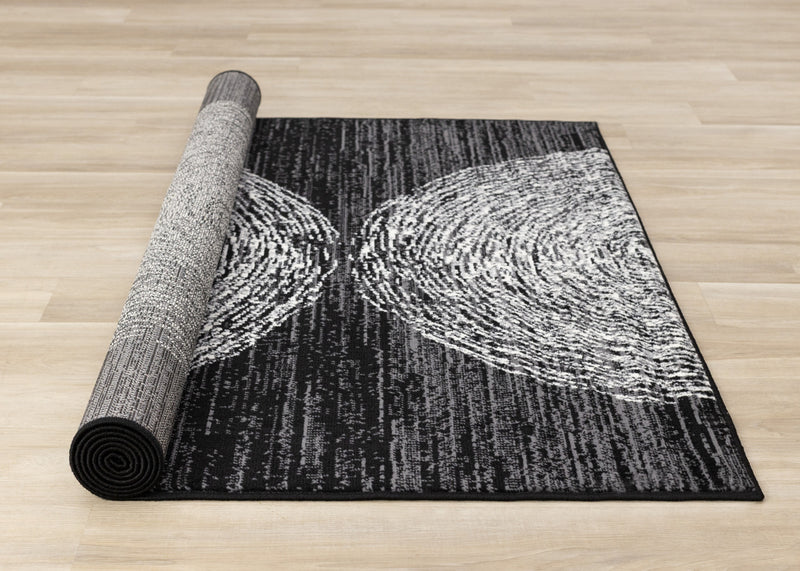 Tapis Florence noir, gris et blanc a motif d'anneaux d'arbre, 7'9\" x 10'6\"