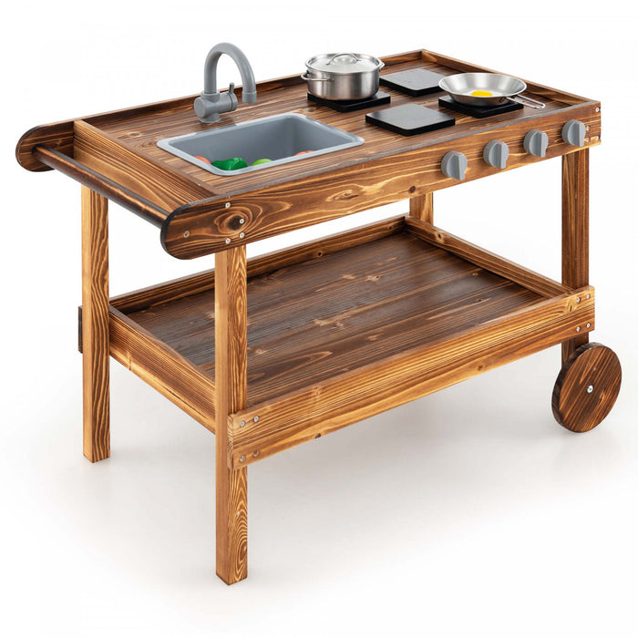 Les Enfants En Bois Boue Jouer Chariot De Cuisine Avec Evier, 4 Poeles Et Etagere De Stockage Naturel