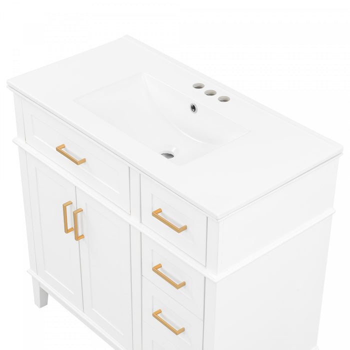 Ethan Meuble-lavabo de salle de bain en bois massif avec lavabo en ceramique et rangement intelligent, blanc