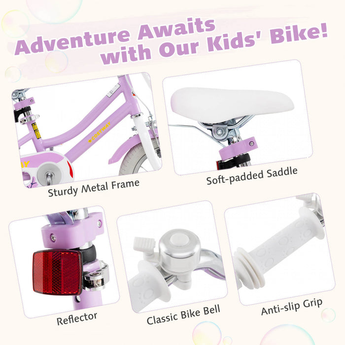 Costway 12 Pouces Enfants Velo Avec Roues D'entrainement Poupee Siege Panier Streamers Frein A Main Violet