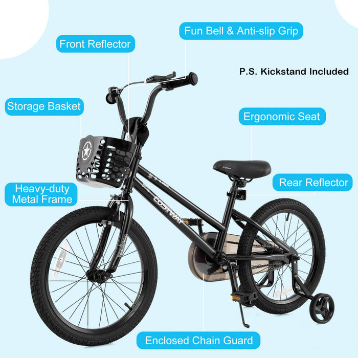 Costway 18\" Velo Pour Enfants Avec Roues D'entrainement Guidon Et Frein A Main Reglable Noir
