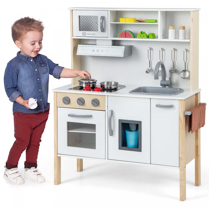 Cuisine En Bois Pour Enfants, Ensemble De Jeu De Cuisine Pour Tout-petits Avec Micro-ondes, Hotte Aspirante, Plaques De Cuisson, Evier De Jeu, Four, Machine A Glacons Et Accessoires De Cuisine, Ensemble De Cuisine Pour Jouets Avec Sons Pour Garcons Et Filles De 3 A 6 Ans