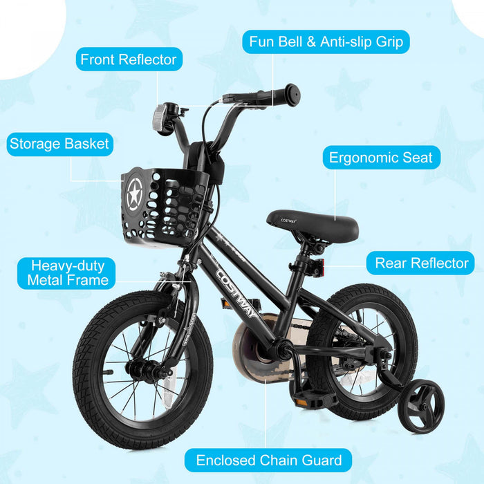 Costway 12\" Velo Pour Enfants Avec Roues D'entrainement Guidon Et Frein A Main Reglable Noir