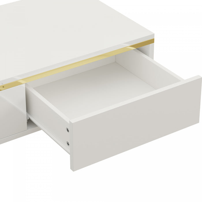 Lustra Table Basse Moderne Haute Brillance 39.4 po avec Double Tiroirs et Accents Dores, Blanc