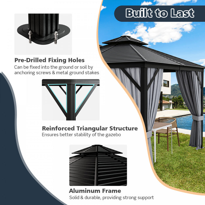 Costway 10’ X 10’ Patio Double Top Hardtop Gazebo Toit En Acier Galvanise Cadre En Aluminium