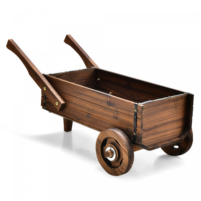 Jardiniere En Bois En Forme De Brouette, Chariot Decoratif Avec Roues, Poignees, Trou De Drainage, Support De Pot De Fleurs, Pot De Fleurs Rustique, Interieur Et Exterieur, Jardin, Terrasse, Balcon, Style Brouette