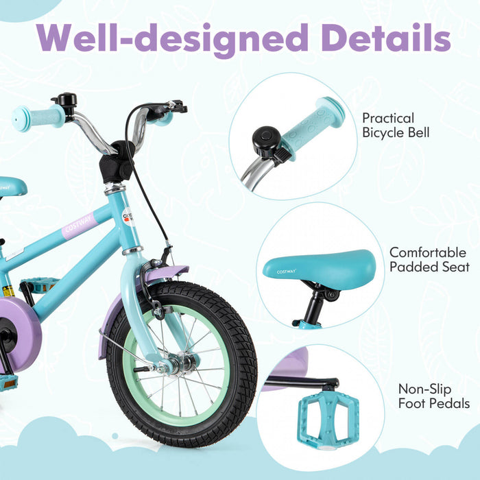 Costway 12\" Velo Pour Enfants Avec Guidon Reglable De Selle Roues D'entrainement Amovibles Frein A Main Bleu