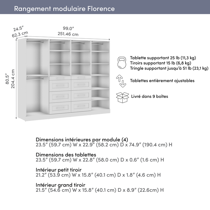 Système de garde-robe et pièce-penderie modulaire Florence de Bestar de 100 po avec éclairages à DEL, tringles, tablettes et tiroirs de style Shaker - blanc