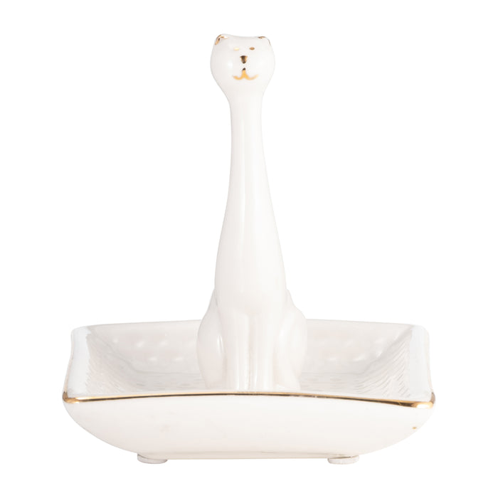 Porte-bagues chat carré en porcelaine - blanc et doré