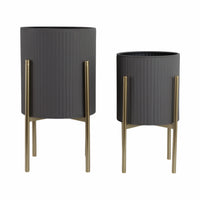 Cache-pot strié de 23 po en fer gris sur support en métal doré - ensemble de 2