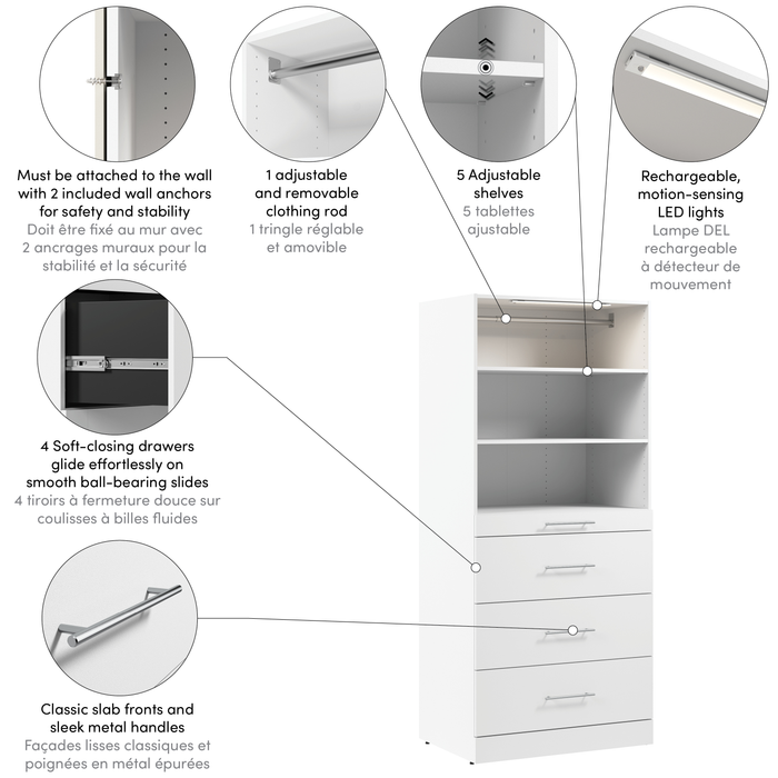Système de tour garde-robe et pièce-penderie modulaire Florence de Bestar de 36 po avec éclairage à DEL, tablettes et 4 tiroirs de style lisse - blanche