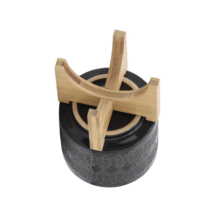 Cache-pot de 5 po en céramique à motif aztèque avec support en bois - noir