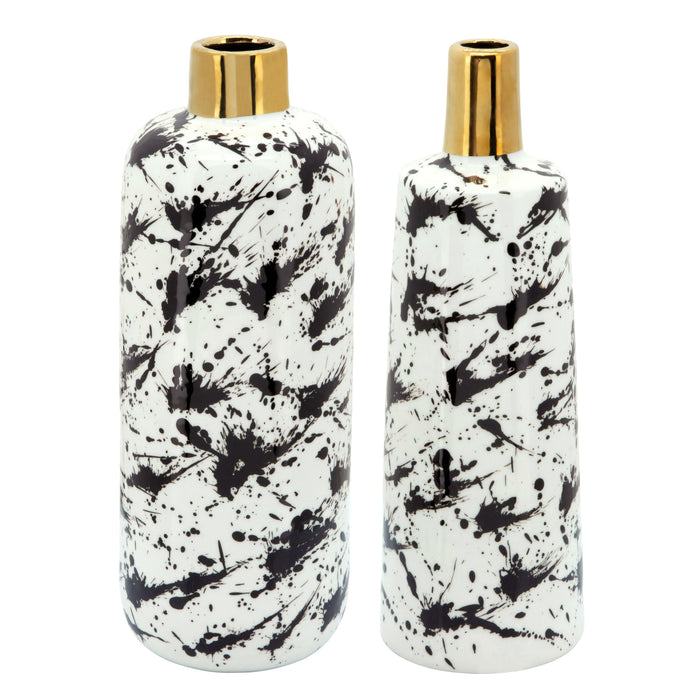 Vase de 15 po avec cou doré - noir et blanc
