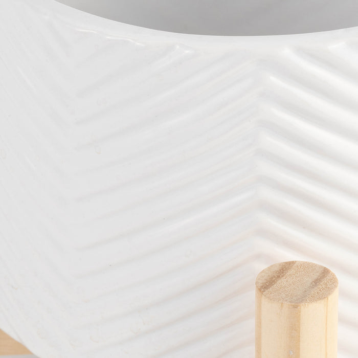 Cache-pot à chevrons de 6 po en céramique avec support en bois - blanc