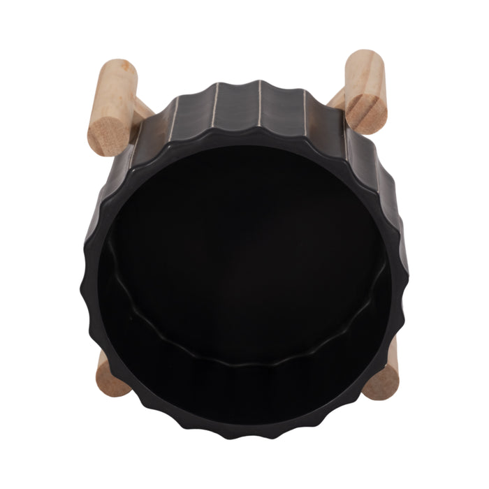 Cache-pot cannelé de 6 po en céramique avec support en bois - noir