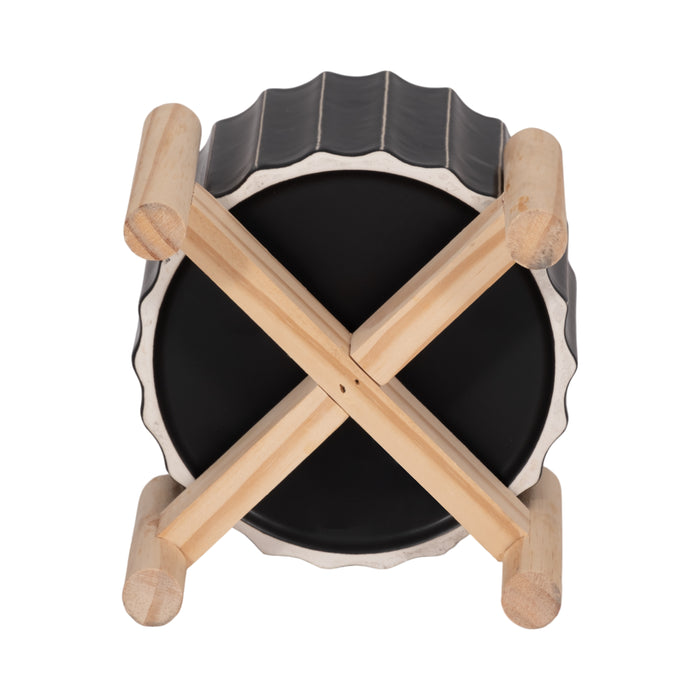 Cache-pot cannelé de 6 po en céramique avec support en bois - noir