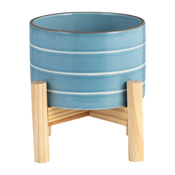 Cache-pot rayé de 6 po en céramique avec support en bois - bleu ciel