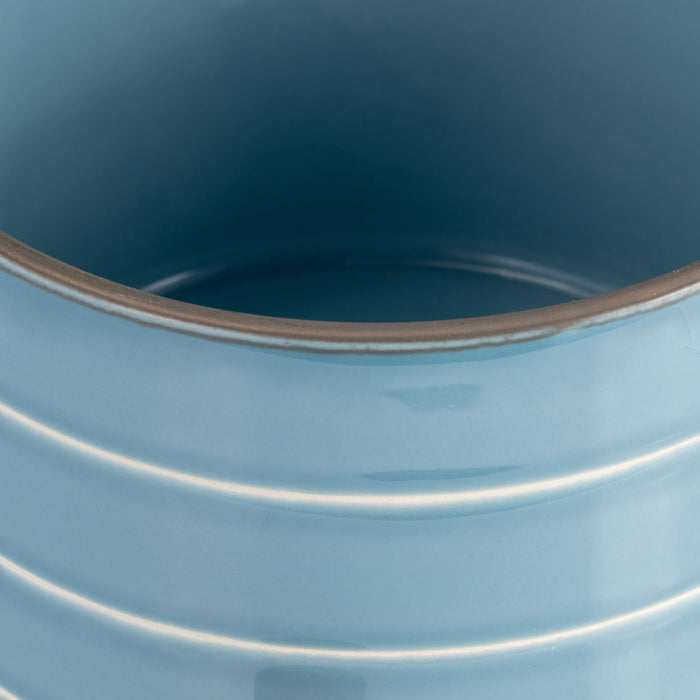 Cache-pot rayé de 6 po en céramique avec support en bois - bleu ciel