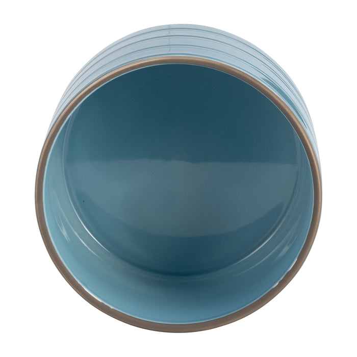 Cache-pot rayé de 6 po en céramique avec support en bois - bleu ciel