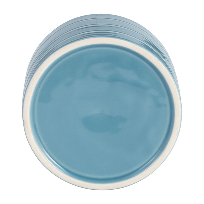 Cache-pot rayé de 6 po en céramique avec support en bois - bleu ciel