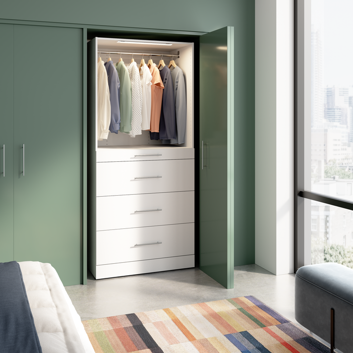 Système de tour garde-robe et pièce-penderie modulaire Florence de Bestar de 36 po avec éclairage à DEL, tablettes et 4 tiroirs de style lisse - blanche