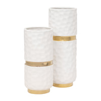 Vase de 13 po en céramique avec ceinture - blanc et doré