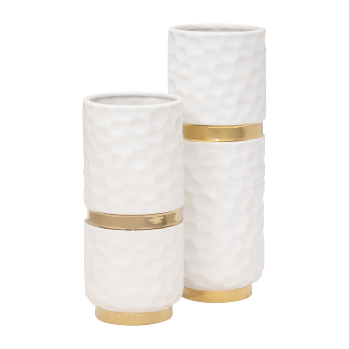 Vase de 13 po en céramique avec ceinture - blanc et doré