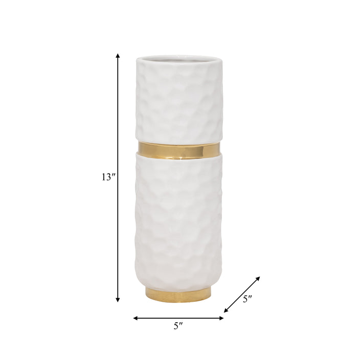 Vase de 13 po en céramique avec ceinture - blanc et doré