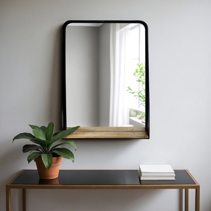Miroir de 22 po x 30 po en métal avec tablette - noir et brun