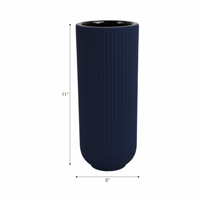 Vase strié de 11 po en céramique - bleu marine
