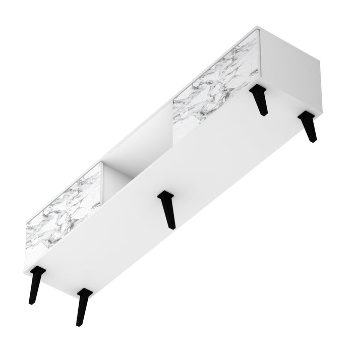 Meuble pour téléviseur Bogart de Manhattan Comfort de 70,87 po de style moderne du milieu du 20e siècle - blanc et tampon marbré