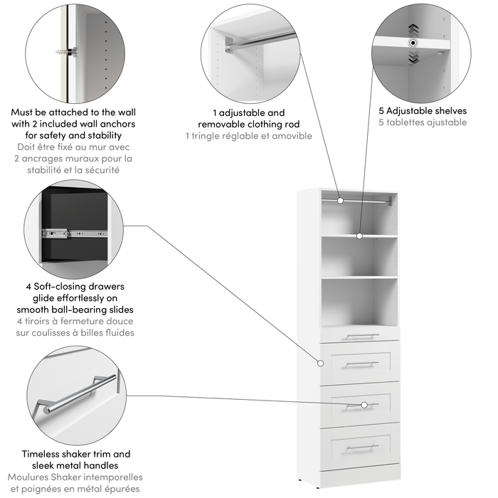 Système de tour garde-robe et pièce-penderie modulaire Florence de Bestar de 25 po avec tablettes et 4 tiroirs de style Shaker - blanche