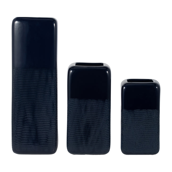 Vase carré rainuré de 12 po en céramique - bleu marine