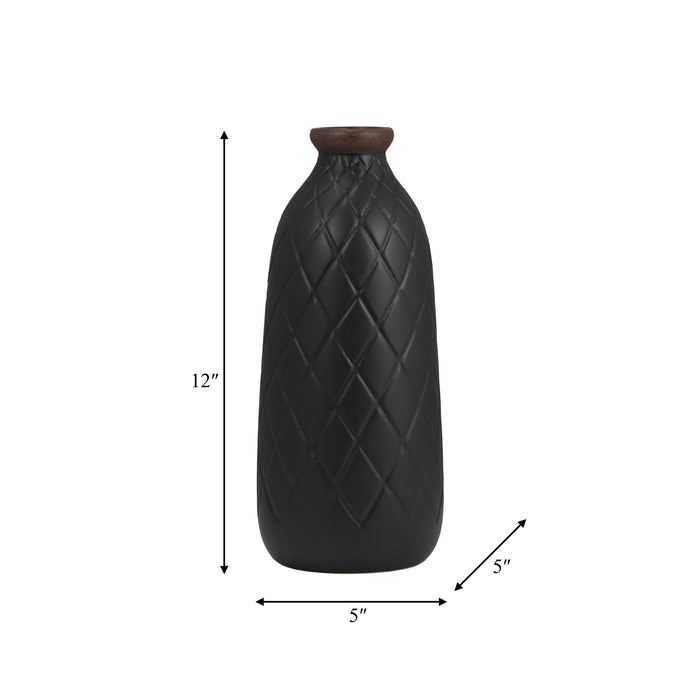 Vase de 12 po en céramique avec texture quadrillée - noir